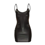 Carregue a imagem no visualizador da Galeria, Sexy Faux Leather Dress Backless Club Party Short Dress Solid Black Wet Look Latex Bodycon Push Up Bra Mini Micro Dress  Amaijoin
