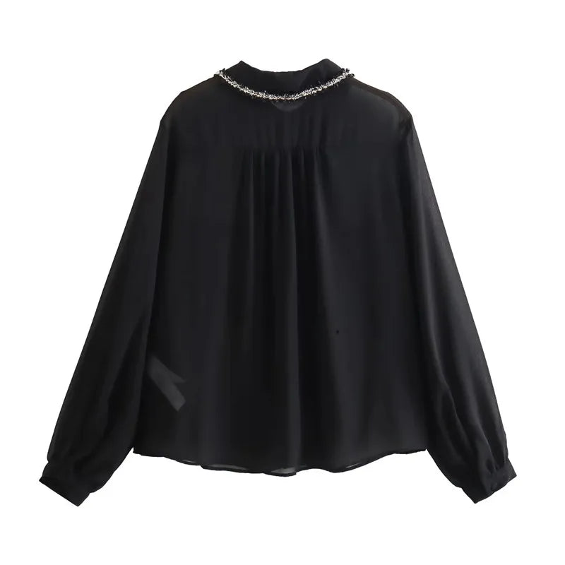 TRAF 2023 Textured Black Shirt Women Semi Sheer Chiffon Blouse Female Button Up Elegant Chic Woman Shirt Autumn Long Sleeve Top  Amaijoin