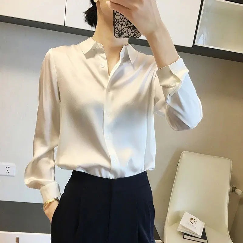 Luxury Blouses or Tops for Women Casual Loose Youth Long Sleeve Korean Chiffon Fashion Formal Silk Office Wear Satin Shirt Woman  Amaijoin