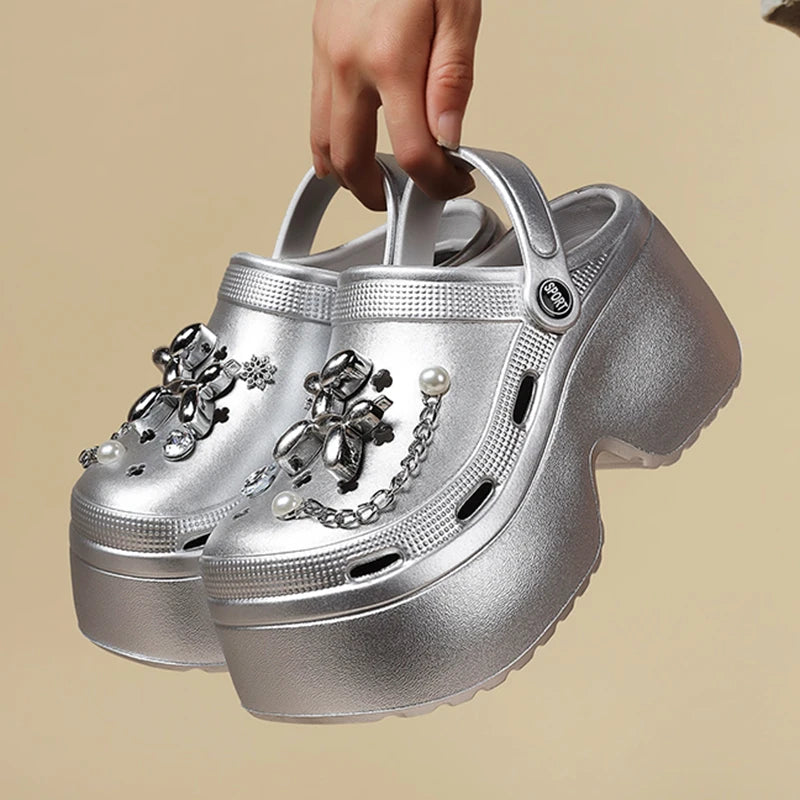 Women's Silver Platform Clogs Summer 2024 Comfortable Slip On Wedge Sandals Woman Fashion Chain Thick Sole Garden Shoes Ladies  Amaijoin