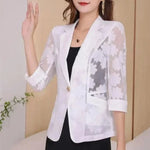 Carregue a imagem no visualizador da Galeria, Women Blazer Jacket Spring Summer New Thin Cardigan Sun Protection Clothing Hollow Lace Three-quarter Sleeve Suit Top Ladies  Amaijoin
