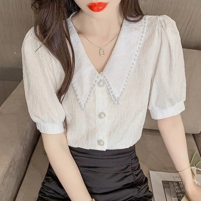 Sweet Peter Pan Collar Puff Sleeve Button Oversized Beading Blouse Summer Casual Tops Elegant Female Clothing Commute Shirt  Amaijoin