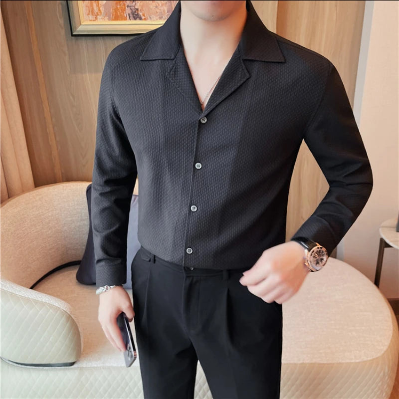 2024 Spring Summer V-neck Long Sleeved Shirt for Men's Business Casual Formal Dress Shirts Male Social Party Tuxedo Streetwear  Amaijoin