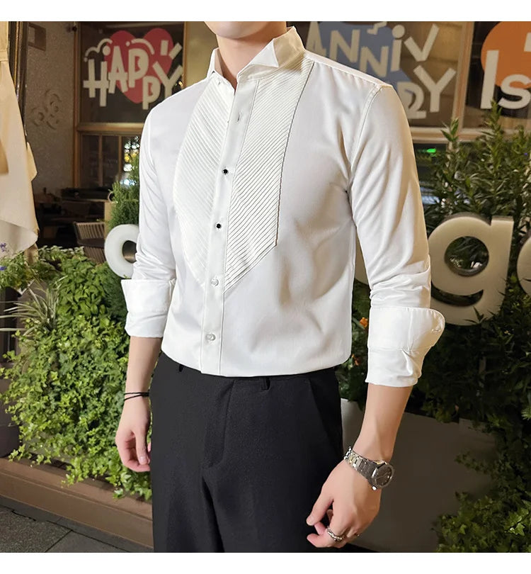 2023 Autumn Banquet Gentleman Dress French Collar Shirt Men's Long Sleeve Casual Business Organ Pleated Shirt Men Clothing  Amaijoin