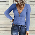 Carregue a imagem no visualizador da Galeria, European and American women&#39;s new chest zipper casual long-sleeved T-shirt blouse woman  Amaijoin
