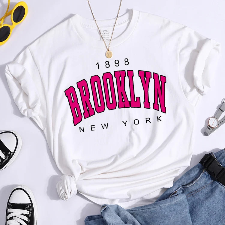 Women 1898 Brooklyn Women Graphic Print T Shirt Girl Short Sleeve Casual Streewear Clothes Lady Letter Tees Tops Female clothing  Amaijoin