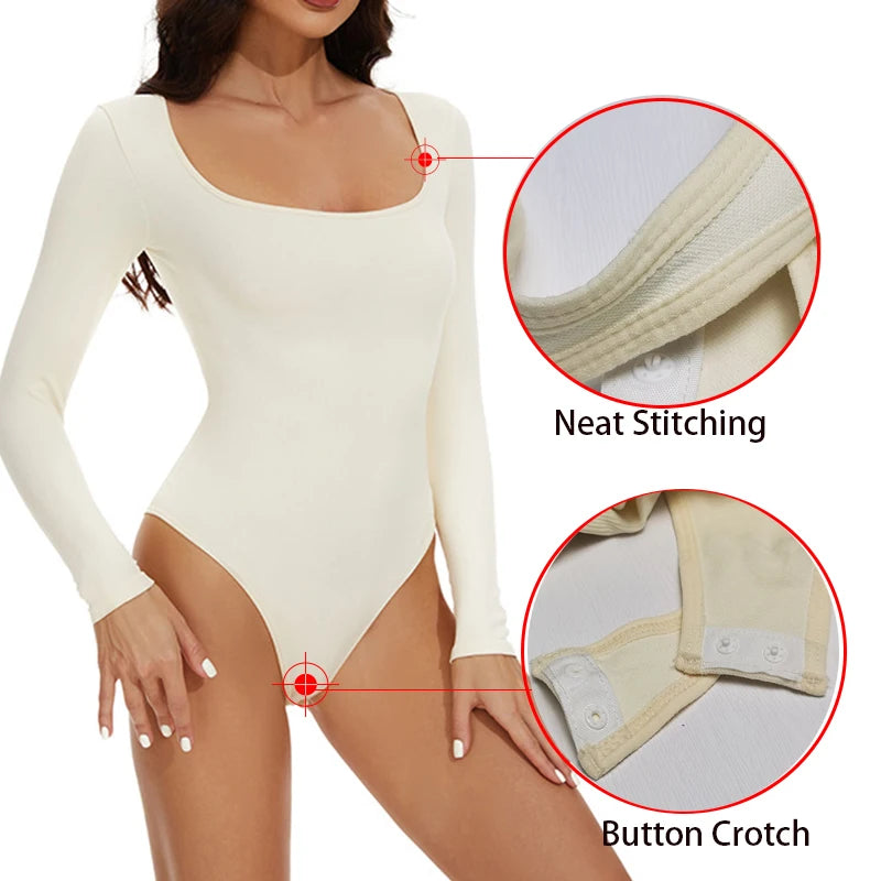 GUUDIA Spandex Elastic Body Suit Shapewear Women Body Shaper Tummy Control Long Sleeve Open Crotch Big U Neck Seamless Shapers  Amaijoin