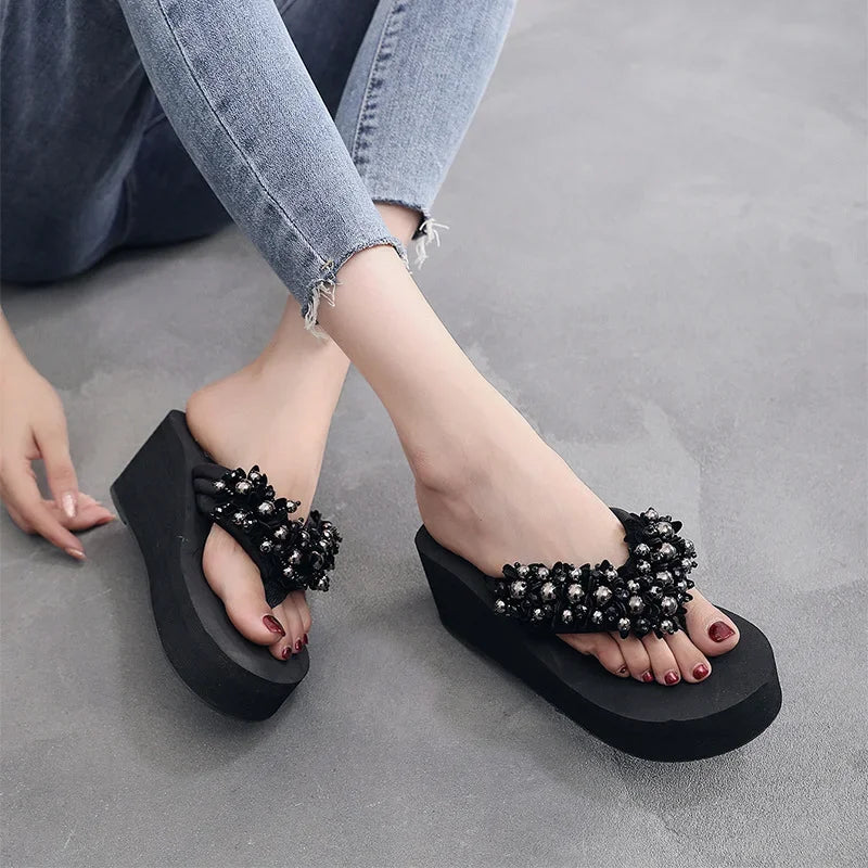 Maogu Platform Wedges Slippers White Crystal Shoe 2024 New Women's Flip Flops Beach Shoes Women Summer Platform Wedge Sandals 42  Amaijoin