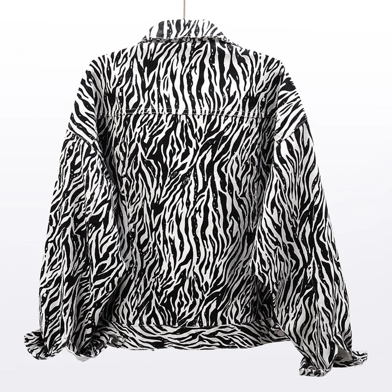 Fashion Zebra Print Denim Jacket Women Loose Short Outerwear Spring Autumn Korean Big Pocket Long Sleeve Jeans Jackets Female  Amaijoin