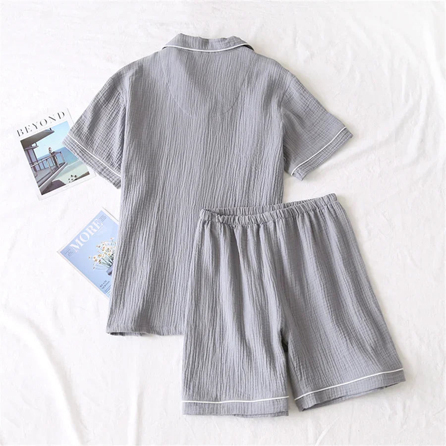 Japanese summer couple womens pajama sets solid cotton ladies sleepwear casual short-sleeved shirt shorts pajamas Men Homewear  Amaijoin