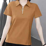 Carregue a imagem no visualizador da Galeria, Women Simple Casual Half Zipper Tees Solid Loose Polo Collar T-shirt 2024 Summer Korean Short Sleeve Pullover Tops Ropa De Mujer  Amaijoin
