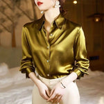 Carregue a imagem no visualizador da Galeria, Lucyever High Quality Imitation Silk Blouse Women Fashion Long Sleeve Loose Satin Blouses Korean Style Office Lady Stand Shirts  Amaijoin
