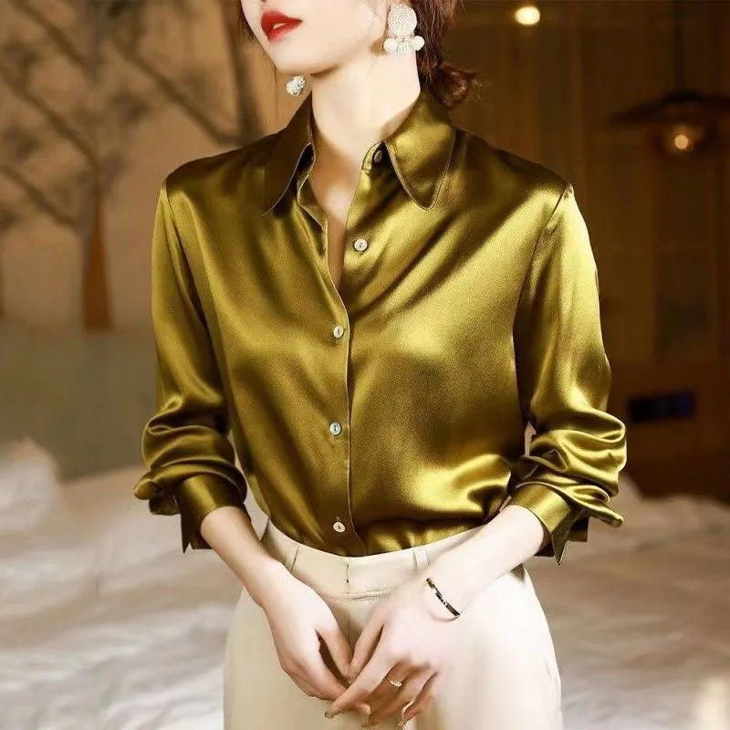 Lucyever High Quality Imitation Silk Blouse Women Fashion Long Sleeve Loose Satin Blouses Korean Style Office Lady Stand Shirts  Amaijoin