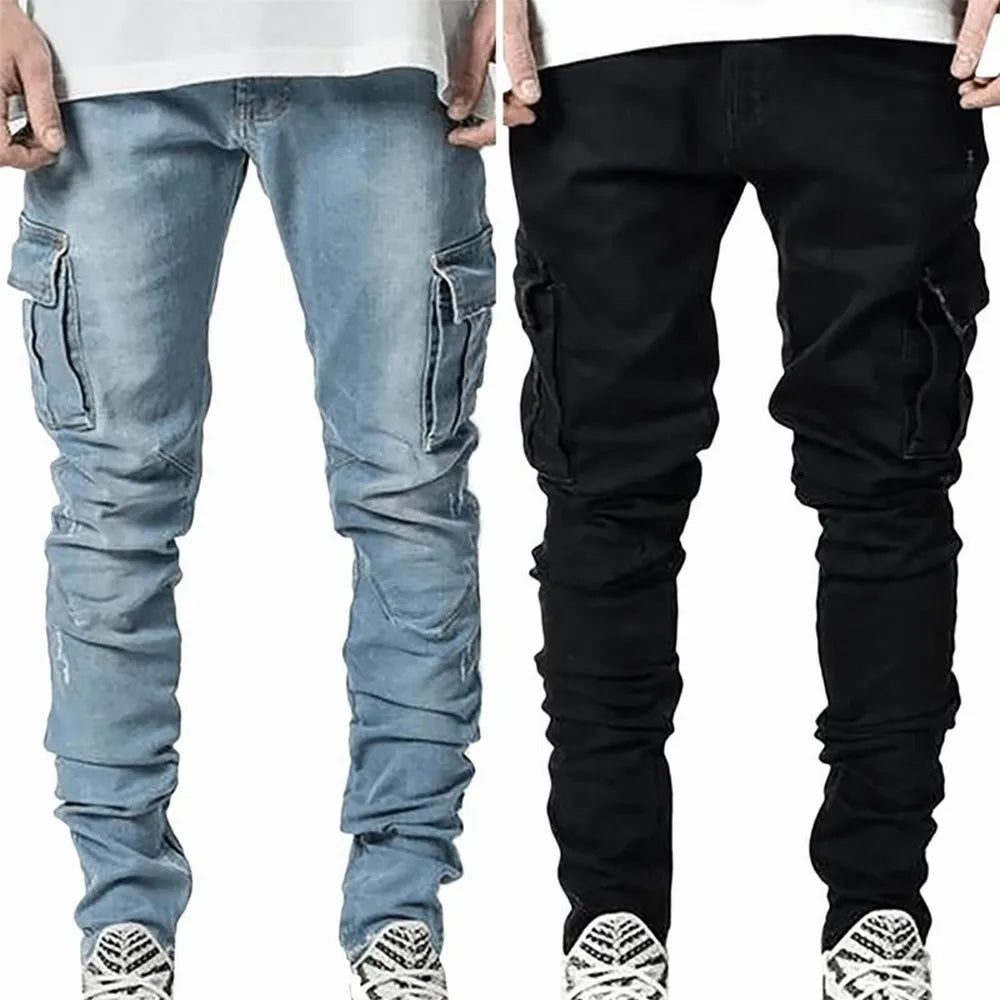 Street Elastic Jeans Men Denim Cargo Pants Wash Solid Color Multi Pockets Casual Mid Waist Trousers Slim Fit Daily Wear Joggers  Amaijoin