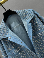 Carregue a imagem no visualizador da Galeria, [EWQ] Streetwear Patchwork Rivet Denim Jacket Women Fashion Lapel Long Sleeve Loose Coats Female Outerwear 2024 Autumn New Trend  Amaijoin
