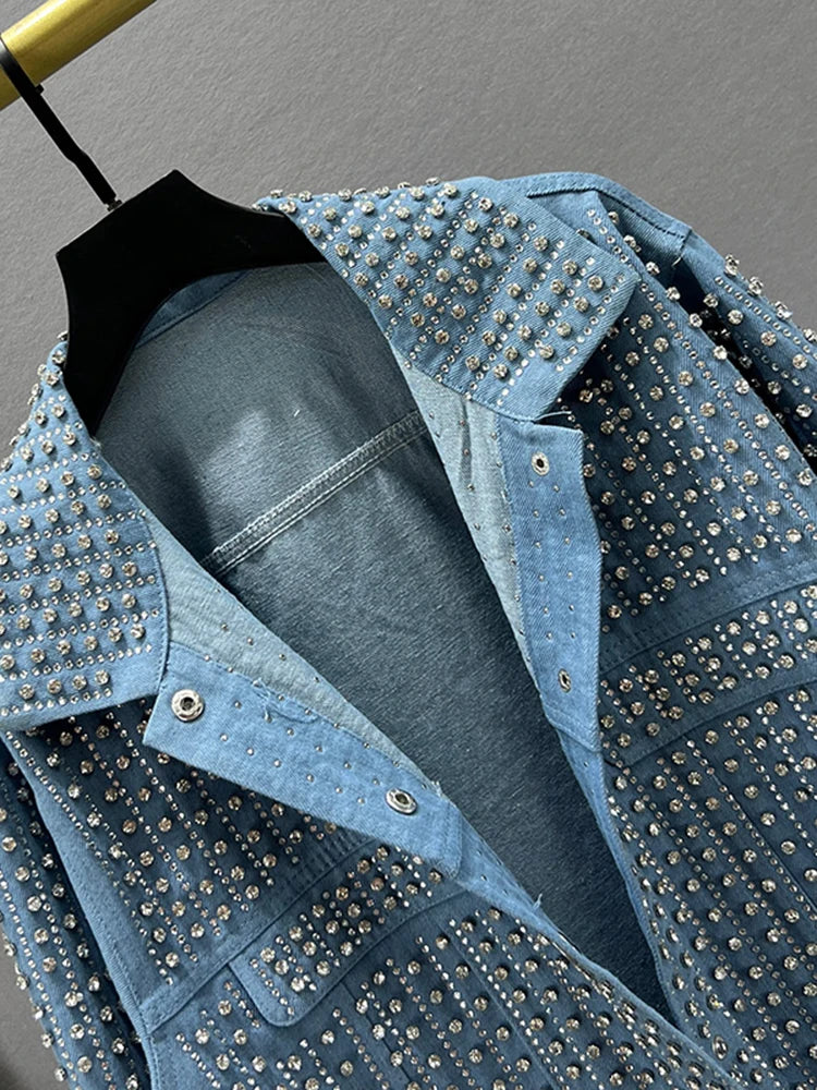 [EWQ] Streetwear Patchwork Rivet Denim Jacket Women Fashion Lapel Long Sleeve Loose Coats Female Outerwear 2024 Autumn New Trend  Amaijoin