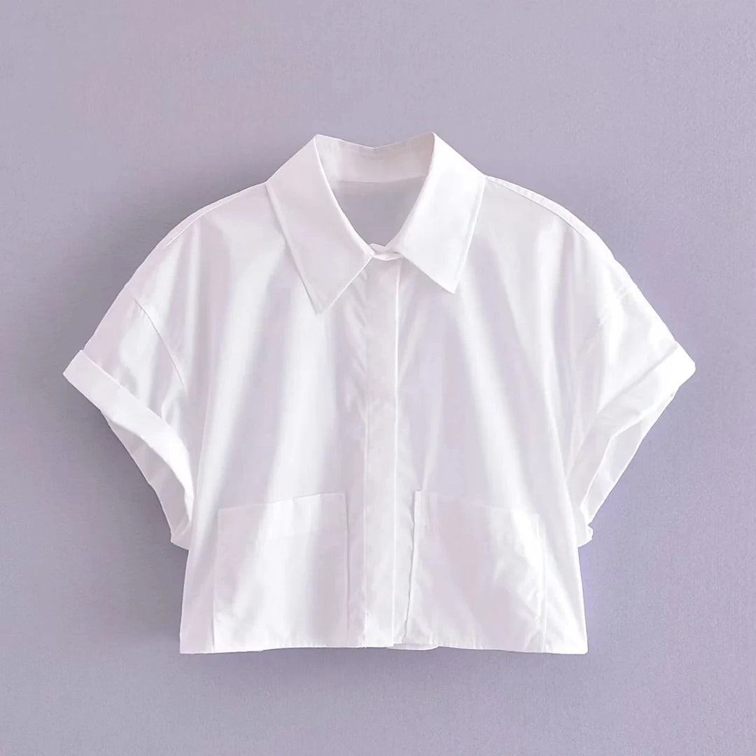 XNWMNZ Women Fashion Crop Poplin Shirt High Street lapel Neck Short Sleeve Patch Pocket Front Button Female Chic Blouse  Amaijoin