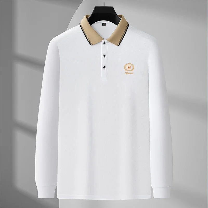 New Men's Casual Embroidery Long Sleeve Polo Shirt Fashion Solid Color Top  Amaijoin