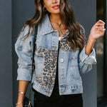 Carregue a imagem no visualizador da Galeria, 2023 Spring New Denim Jacket Women Long-sleeved Denim Jacket Female Leopard Stitching Female Tops  Amaijoin
