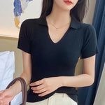 Carregue a imagem no visualizador da Galeria, Ice Silk Ribbed POLO Short Sleeve T-Shirt Chic Red Slim Urbane Casual Design Aesthetic Beautiful Woman Blouse Summer Clothing  Amaijoin
