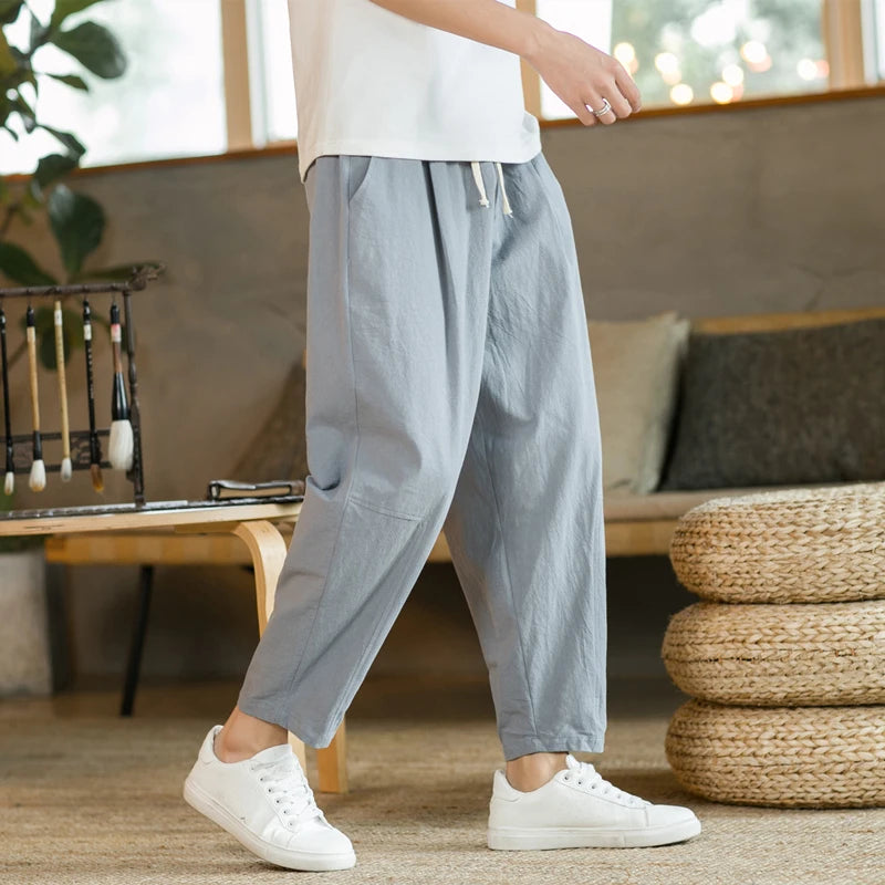 2023 Summer Men's Trousers Cotton Linen Fashion Casual Pants Solid Color Breathable Loose Shorts Straight Pants Streetwear M-5XL  Amaijoin