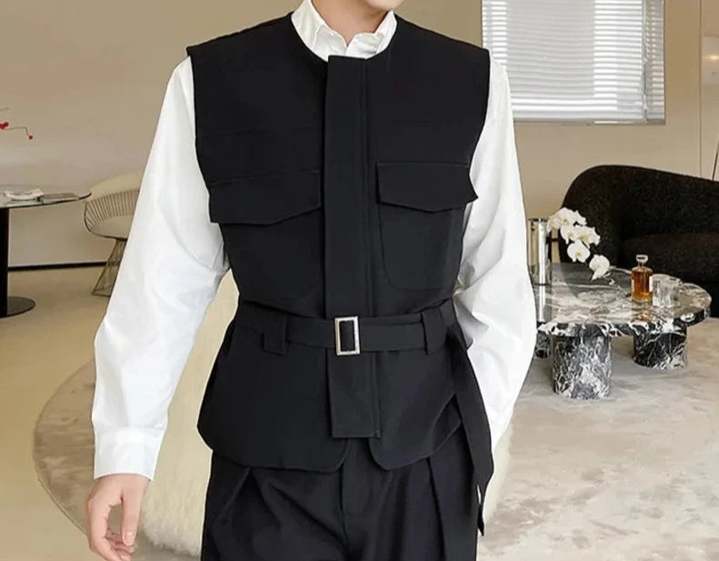 IEFB Men's Wear Korean Trendy Girdle Vest Male 2023 New Autumn Round Collar Sinel Breasted Sleeveless Clothing With Belt 9A0977  Amaijoin