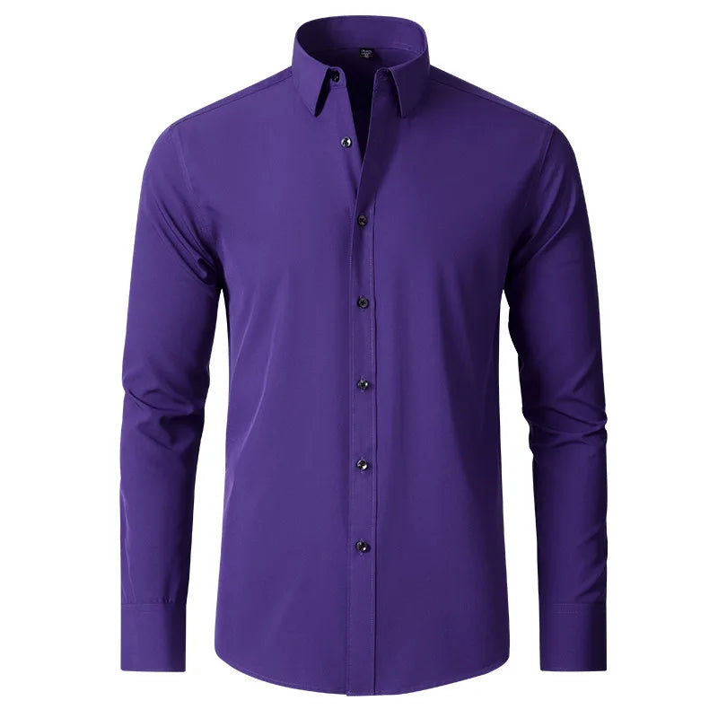 6xl New Spring and summer  elastic force non-iron men's long-sleeved business casual shirt solid color mercerized vertical shirt  Amaijoin