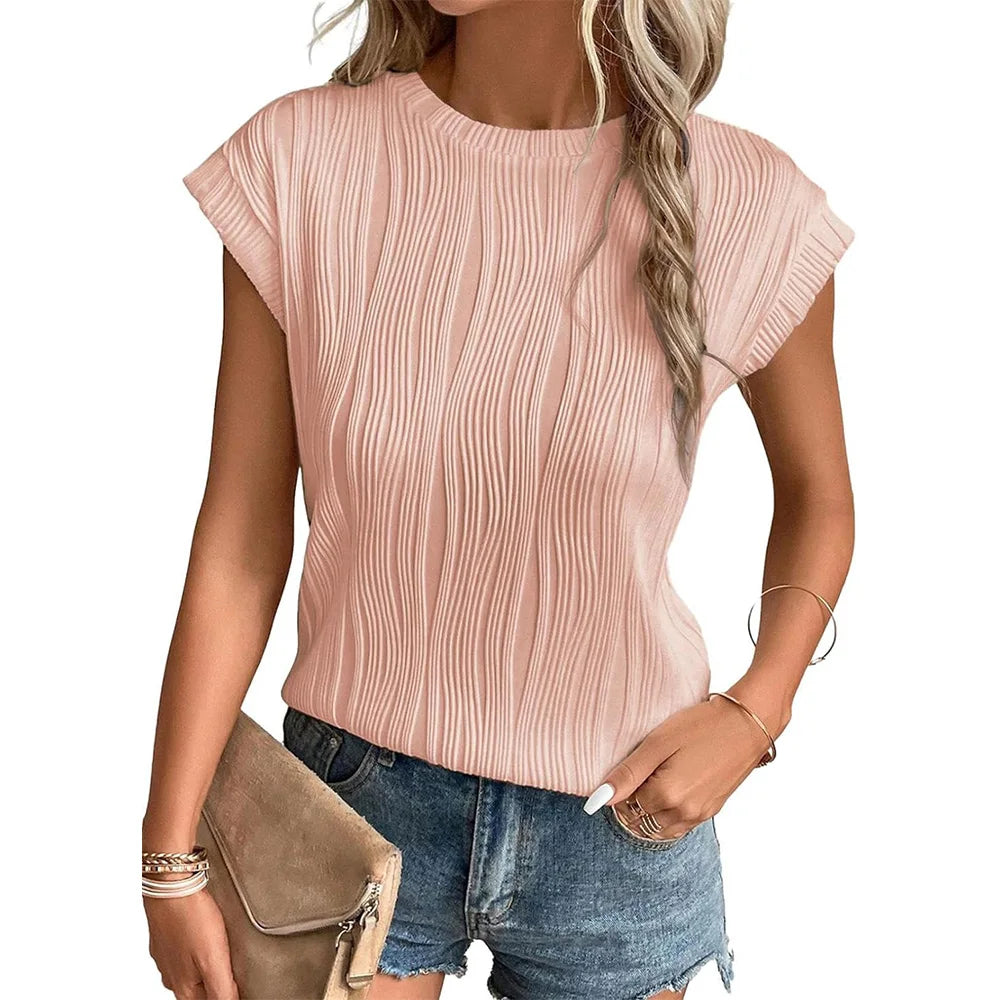 Womens Short Sleeve Textured Tops Crewneck Knit Solid Loose Casual Basic T Shirts Tee Blouses  Amaijoin