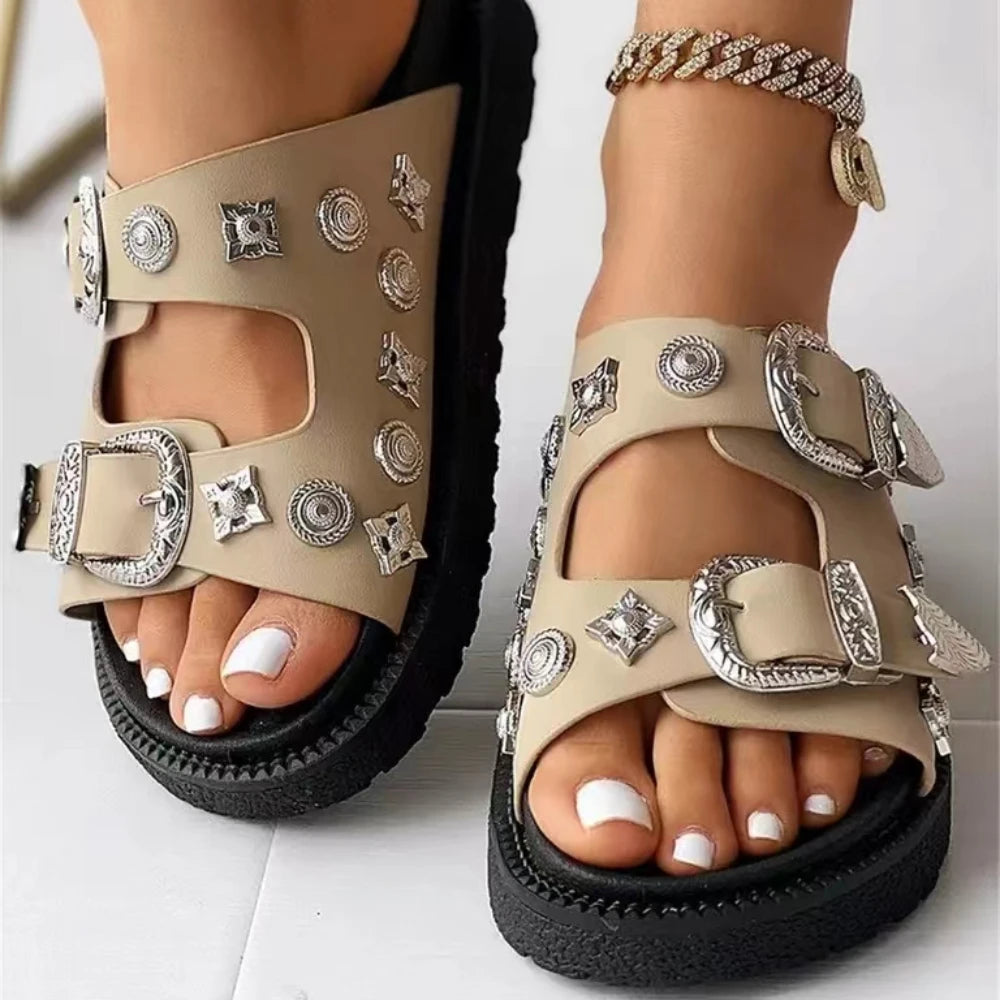 2023 Fashion Rivets Buckles Flat Slippers Shoes For Women Summer Leisure Comfy Walk Sandal Slides Plus Size Black  Amaijoin