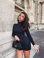 Load image into Gallery viewer, New Arrival Turtleneck Long Sleeve Skinny Mini Dress Sexy Skirt Dresses Women Elegant Chest Slim Pleated Dress  Amaijoin
