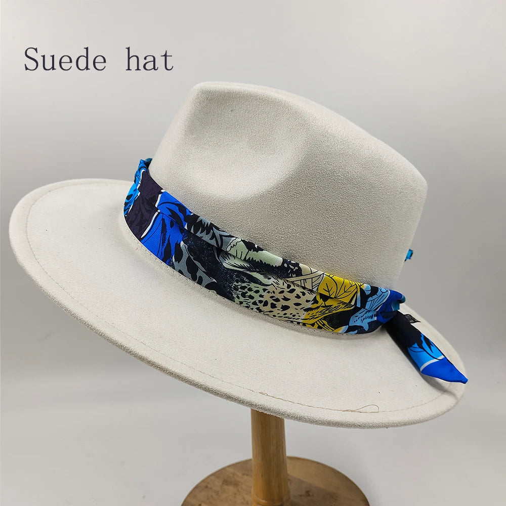 Hand-painted Fedora Hat Men's and Women's Hat Panama Spring Autumn Fashion with Wrapped Feather Wool Fedora Hat Big Brim  Amaijoin