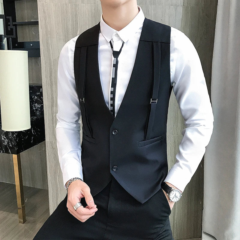 Brand Strap Decorative Vest Men Casual Sleeveless Vests Slim Fit Prom Party Disco Waiter Nightclub Dress Vest Tuxedo Gilet Homme  Amaijoin