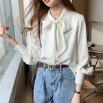 Carregue a imagem no visualizador da Galeria, 2023 Spring Loose Korean Tops Fashion Autumn Chiffon Blouse Bow Blue Long Sleeve Shirt White Office Lady Clothes Blusas 10691  Amaijoin
