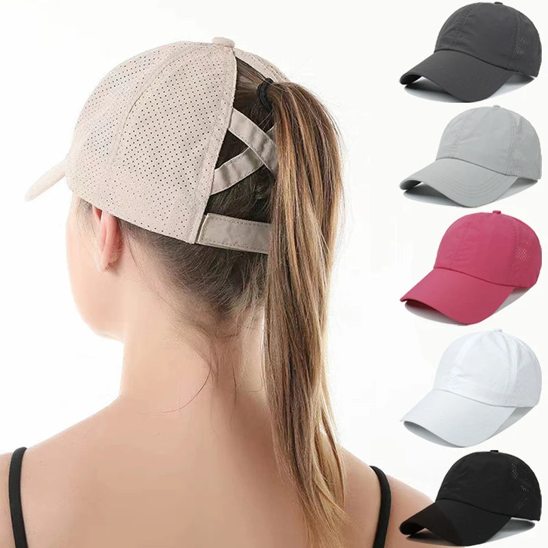 Summer Solid Color Baseball Caps Golf Wear Women Sport Leisure Cross Ponytail Hat Mesh Quick-Drying Half-Hollow Men's Peaked Cap  Amaijoin