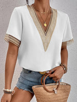 Carregue a imagem no visualizador da Galeria, 2023 summer new lace V-neck short-sleeved T-shirt women loose casual blouse thin solid color pullover  Amaijoin
