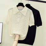 Carregue a imagem no visualizador da Galeria, Summer Women Sweater Pullover 2023 Short Sleeve Fashion Polo Collar Solid Knitting T-shirt Loose Casual Sexy Hollow Out Sweaters  Amaijoin
