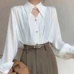 Carregue a imagem no visualizador da Galeria, Zoki Sexy Hollow Out Women Satin Shirt Elegant Long Sleeve Casual Office Lady Blouse Korean Fashion All Match Loose White Tops  Amaijoin
