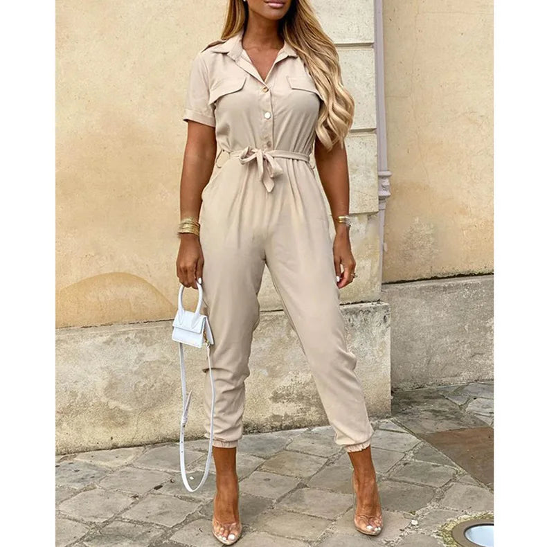 Women's Monochromatic Belt Workwear Jumpsuit, Casual Pants, Flip Collar, Buckle, European and American, Summer, 2023  Amaijoin