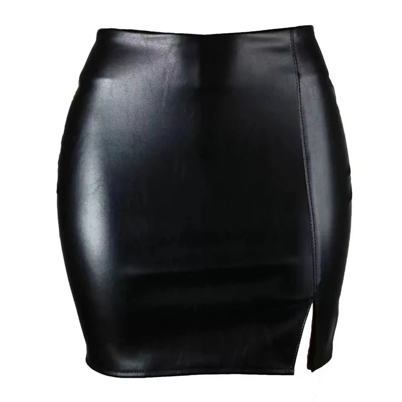 Sexy High Waist Wrapped Hip Skirt Women Leather Black Comfortable Split Short Lady Skirt Party Dress Nightclub  Amaijoin