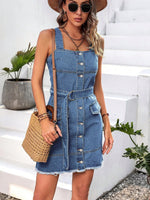 Carregue a imagem no visualizador da Galeria, Square Neck Sleeveless Frayed Hem Belted Denim Dress Women Button Front Tank Sundress Female Casual Mini Jeans Dresses  Amaijoin
