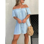 Carregue a imagem no visualizador da Galeria, Fashion Waist Solid Party Dress Summer Sexy Off Shoulder Tassel Denim Dress Lady Slash-neck Short Sleeve Flim Jean Mini Dress  Amaijoin
