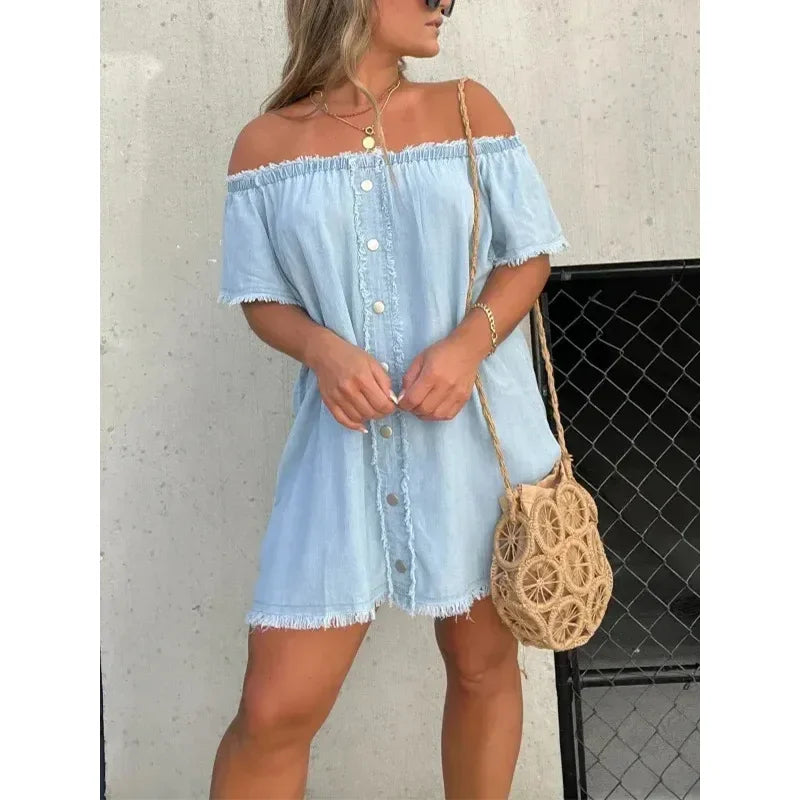 Fashion Waist Solid Party Dress Summer Sexy Off Shoulder Tassel Denim Dress Lady Slash-neck Short Sleeve Flim Jean Mini Dress  Amaijoin