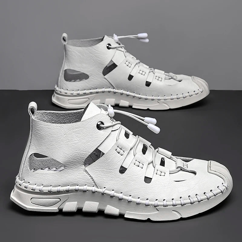 Summer White High-top Roman Sandals Men Gladiators Lace Up Buckle Leather Casual Shoes Breathable Beach Sandals Outdoor Slippers  Amaijoin