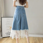 Carregue a imagem no visualizador da Galeria, Harajuku Lace Patchwork Denim Skirt Woman Korean High Waist Blue Midi Skirts Women Summer Fashion Plus Sized 3Xl A-Line Skirt  Amaijoin
