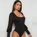 Load image into Gallery viewer, Autumn Tops 2023 New Sexy Elegant Chic Mesh Sleeve Bodysuit Women Black Square Collar Bodycon Office Lady One Piece Outfits  Amaijoin
