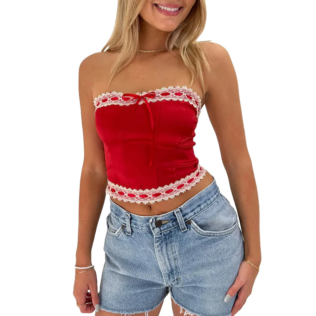 Women Lace Trim Tube Top Y2k Strapless Going Out Tank Cute Sleeveless Off Shoulder Bandeau Crop Top  Amaijoin