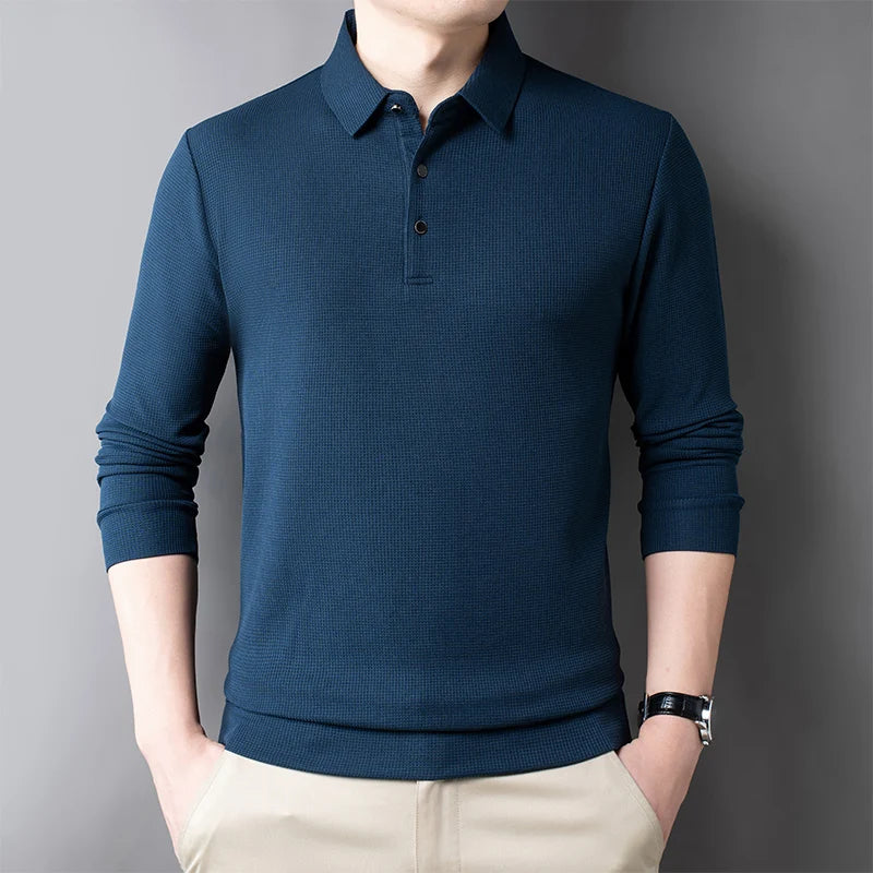 Men's Casual Waffle Polo T-shirt Breathable Comfortable Fashion Long Sleeve T-shirt  Amaijoin