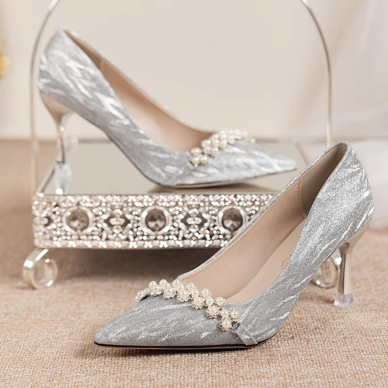 Shiny Glitter High Heels Pumps Women 2023 Autumn Luxury Pearl Stiletto Heeled Designer Shoes Woman Pointed Toe Silver Party Shoe  Amaijoin