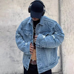 Carregue a imagem no visualizador da Galeria, Retro Convex Turtle Shell Denim Jacket Men Hip Hop Ripped Hole Loose Harajuku Bomber Coats Cropped Street Autumn Jeans Outwear  Amaijoin
