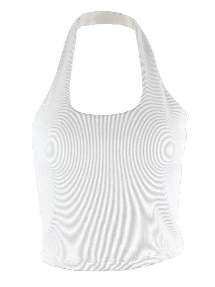 White Halter Sexy Backless Tank Tops for Women Streetwear 2023 Sleeveless Ribbed Knit Vest Top Cropped Feminino  Amaijoin